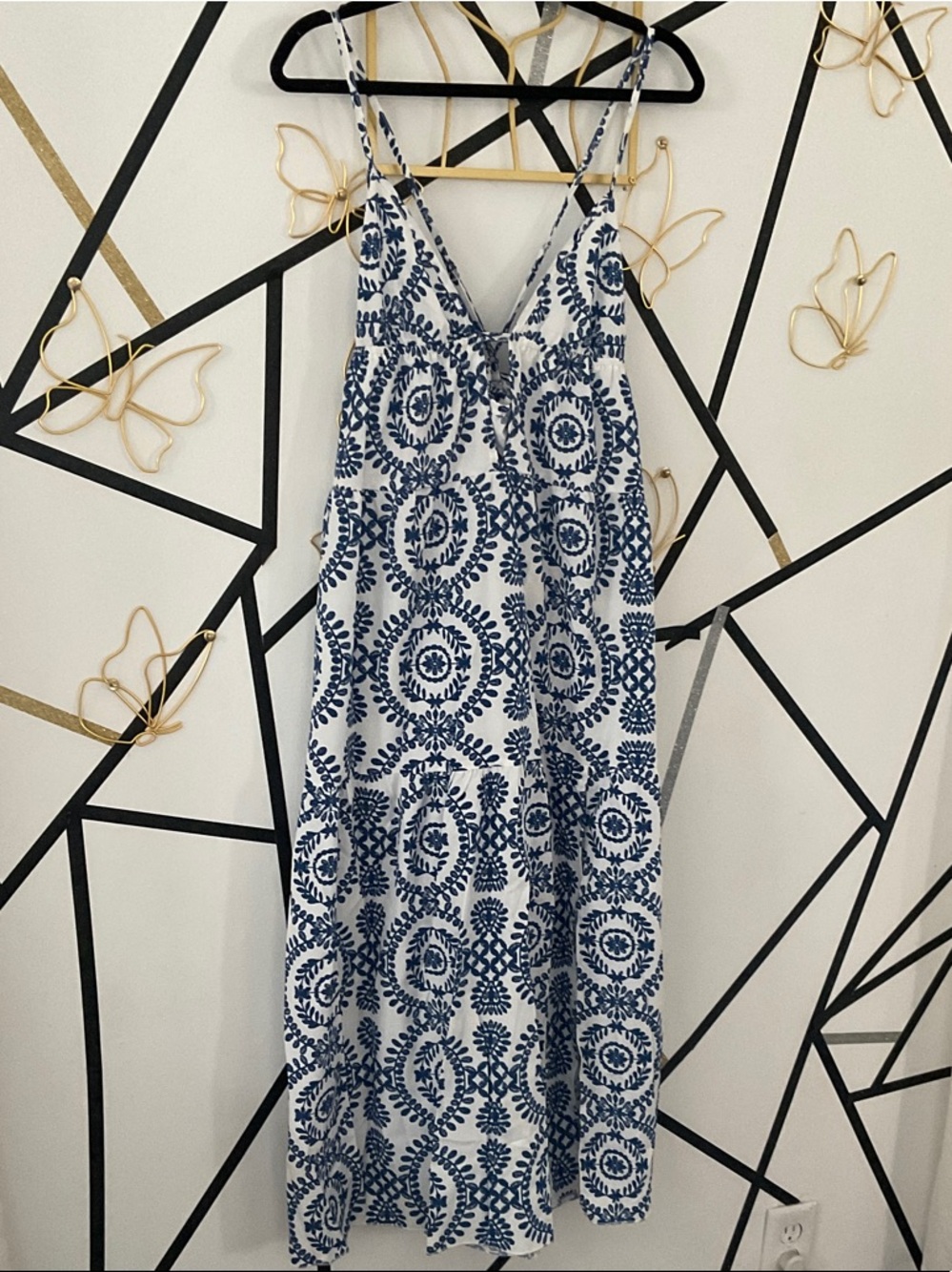 Women's Blue and White Printed Maxi Dress
